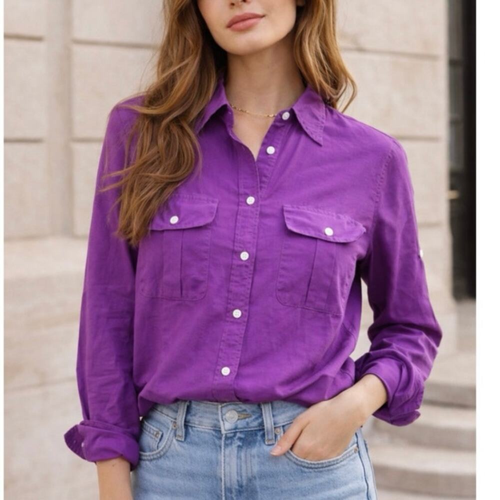 Lauren Ralph Lauren Purple Silk Blend Button Front Shirt Women M Pockets